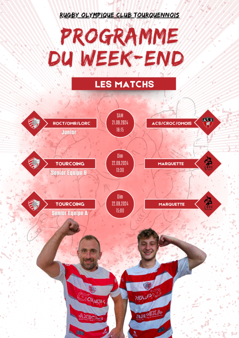 Programme du Week-end pour le rugby olympique club Tourcoing(21/09-22/09)